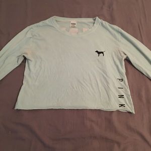 Pink long sleeve crop top teal in person